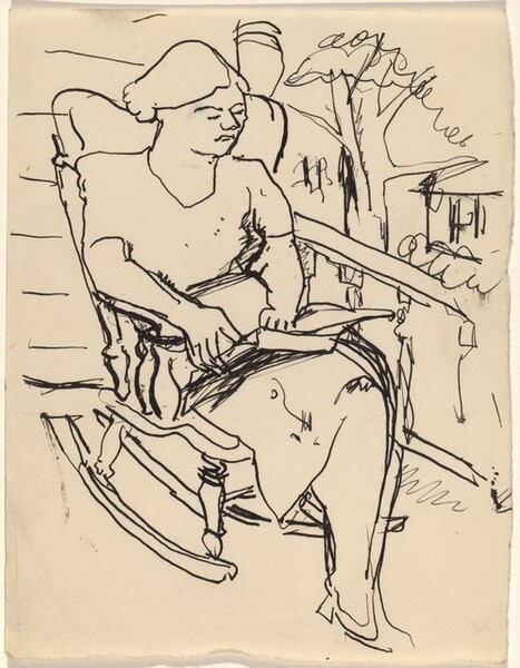 Woman Seated in a Rocker Outdoors, Reading