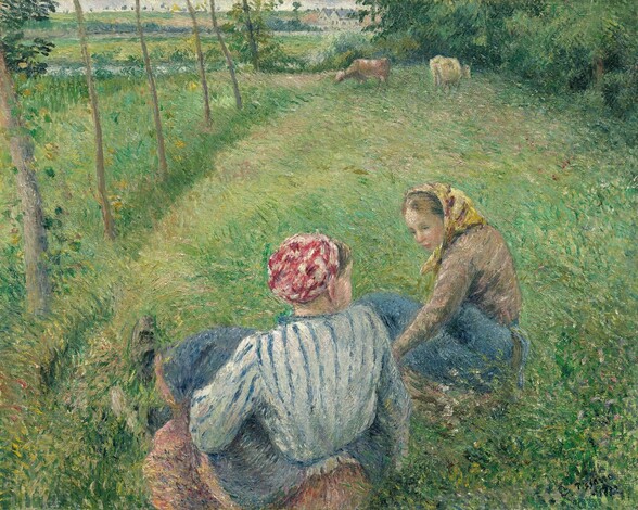 We look slightly down onto two girls or young women with light skin sitting close to us in a green, grassy field in this square landscape painting. At the bottom center of the composition, the closest girl has her back to us and wears a blue and white striped shirt over a long skirt painted with a blend of muted red and yellow strokes. A blue apron covers most of the front of her legs, and at least one black shoe emerges from the bottom hem, resting in the grass. Her brown hair is pulled up and covered by a red and white-checked cap. She looks toward her companion to our right, who turns her head over her left shoulder, her body facing our left in profile. The second girl has dark blond hair covered with a yellow kerchief speckled with daubs of dark red. She wears a peanut-brown shirt and skirt, and her legs are also mostly covered in a blue apron. The field is bordered by a line of slender tree trunks on the left and tall, dense hedges on the right. A light brown cow and a white cow stand in the field a short distance away. The grass is painted with tightly packed strokes of celery, pine, and kelly green with flecks of goldenrod yellow. Farther in the distance, a narrow band of silvery water enters from the left and runs across the canvas. Another field lies beyond it with a cluster of low buildings in the far distance on the right side. The artist signed and dated the lower right corner, “C. Pissarro 1882.”