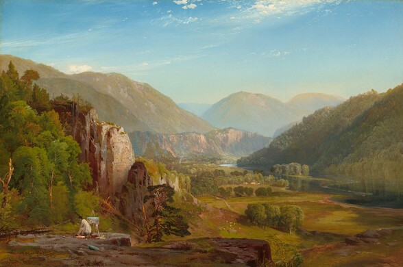 Far below us, a river winds through a valley lined with hazy mountains in this horizontal landscape painting. In the distance, the line of mountains emerges from the left, near the top of the canvas, and marches down toward the center, growing lighter and mistier in the distance. Streaks of olive-green growth drape down their sides, and pale sunlight from the upper right warms their craggy faces, which are painted in tones of peach, tan, taupe, and parchment white with pewter-gray fissures. The mountains move across the canvas and angle way from us, to our right. There, they are overlapped, just off center, by a tree-covered slope that emerges from the right. At its foot is a steel-gray river that winds from the lower right toward the center of the composition. The land sweeps down from the left side, spreading out into meadows that meet the river. They are carpeted in moss green with streaks and patches of rust-brown earth and scattered with clusters of trees painted in tones of celery, olive, and pine green. Closest to us and near the lower left corner of the painting, is a man, tiny in scale, on a flat bluff. He wears a white coat and trousers, and sits hunched on a stool facing our left. He looks toward a grove of trees with pea-green leaves and ginger-brown trunks that tower over him, along the left edge of the composition. He has turned away from a painting on an easel that stands just beyond him, and an open wooden box that sits on the ground behind him. A closed, seafoam-green parasol also lies nearby. Just beyond the lip of the bluff and down in the valley are creamy white dots that suggest livestock. Farther back, near the foot of the mountains, a cluster of buildings sit near the tree line in the meadow. Wispy white clouds drift through the light azure-blue sky. The artist signed and dated the painting in the lower left corner, “THOS.MORAN.1864 OP.8.”