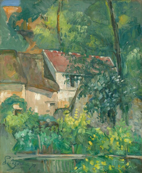 We look across a placid pond at sandstone-white buildings with caramel brown and terracotta red roofs nestled within a grove of green trees and plants in this vertical landscape painting. To our left, the brown roofs cover extensions to the main building, which has the terracotta roof. Between us and the buildings, the remains of a slate gray wall are partially hidden by a vine or tree. The plants in front of the buildings are created with short daubs of yellow and green with touches of blue. The pond or other small body of water close to us spans the lower width of the canvas. Some of the daubs and strokes of the plants are reflected in its smooth surface. The trees to our right and behind the house have olive green trunks stretching beyond the top edge of the composition. Their leaves blend together to fill the space next to and behind the house with a patchwork of shades of emerald, pine, and celery green. These greens are layered with short, angled strokes over smoother patches, and they fill the upper third of the composition. Patches of orange and a slice of azure blue sky are visible among the leaves on the left side over the brown roofs. The artist has signed and dated the painting in the lower left corner, “P. Cezanne 73.”