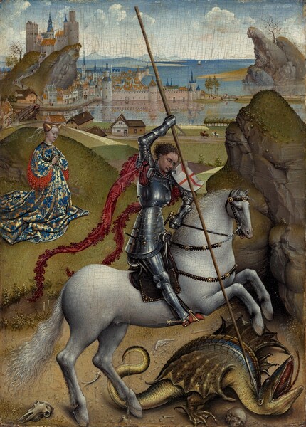 A man wearing armor and riding a rearing gray horse pins a winged, reptile-like dragon to the ground using a long lance at the center of this vertical painting. A woman kneels beyond the man and dragon to our left, and mountains and a city lining a body of water stretch into the deep distance. The man’s gleaming silver armor covers his whole body except his pale peach face, his brown hair, and his feet. Two long strips of burgundy-red material unfurl from under his arms to flutter behind him like banners. A white shield with a red cross is propped on his upper left arm, and he holds the lance with his right hand high over his head. The lance spans nearly the whole composition, creating a diagonal from near the top edge to the lower right corner, where it almost pierces the back of the dragon’s neck. The olive-green dragon has a royal-blue stripe down its back and tail, and it opens its beak-like mouth and sticks out its long, forked tongue. Skulls and bones are scattered on the ground around the dragon. The woman to our left has pale pink skin and her blond hair is bound up and covered with a translucent veil. Her long, high-necked dress is patterned with blue and gold, and red fringe or fabric drapes down from the underside of the sleeves. Buildings cluster at the top of a projecting ridge above the woman in the background, and more buildings line the edge of a body of water below. Ships with unfurled sails pass by blue mountains in the distance. The horizon line comes three-quarters of the way up the panel and the blue sky is dotted with clouds.