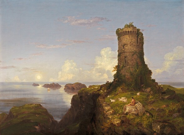 We look across a rocky, grass-covered promontory at a crumbling, round brick tower overlooking topaz-blue water in this horizontal landscape painting. Golden sunlight warms the face of the tower and throws the steep outcropping below into deep shadow. To the right of center, the brown stone tower is partially overgrown with climbing ivy and other vegetation. About two dozen white sheep and several sienna-brown goats lie or stand scattered around the narrow ring of grass that surrounds the tower. A young man with pale skin and dark hair, wearing a ginger-brown toga, watches over the six sheep and two goats on the side of the tower closest to us. The shepherd’s staff has a hooked end, and he sits facing away from us on parchment-white stones that may be carved fragments of a large building. The promontory holding the tower has steep, vertical sides that dip into shadow, and lower hills fill the bottom left corner of the painting. Three more rocky outcroppings jut up in the smooth waters of the ocean in the distance, and a solitary ship, tiny in scale, sails near the middle formation. The still surface of the water reflects the towering, puffy white and lavender-purple clouds that line the horizon, which comes almost halfway up the canvas. A white disk, presumably the moon, hangs low near the horizon to our left. A few thin, lilac-purple clouds stretch across the sky closer to the top edge of the painting. The artist signed the work as if he had written his name on the face of a rock near the lower right corner, so the last letter is partially obscured by another rock: “T.Cole.”
