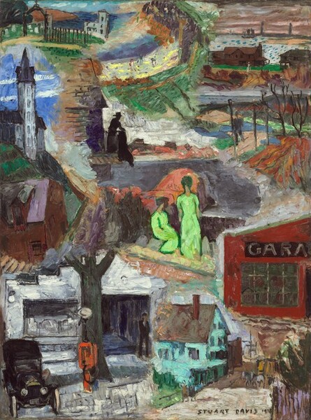 This vertical painting is made up of eleven vignettes loosely arranged in four rows. The scenes are roughly painted so many details are difficult to make out, and one flows into the other, creating a somewhat surreal impression. They seem to illustrate the people and places of a specific location. For example, just right of center are two women in acid-green dresses. One stands with her back to us while the other sits to our left with her head turned away . Directly above them, a man silhouetted in black stands at the corner of a purple and peach building. He wears a wide-brimmed hat and holds onto a tall black object that is hard to identify. He stands against an ivory-white sky with indistinct brown and coral-orange shapes below it. An area in tones of charcoal gray flows away from him toward the right. Another vignette in the upper right shows a black gate and fence that enclose a cemetery stretched out before a church. The lower left has a scene of a black Model-T car parked facing us in front of a white building. The structure has a large window next to a wide opening where a man in black coveralls leans against the right side. An orange, old-fashioned gasoline pump stands before a forest-green tree trunk to the right of the car. Finally, filling the lower right is a tan-colored street running past a turquoise-blue house with a peanut-brown roof. Quick strokes of color suggest two people in front of the house. Further back along the road are two nickel-gray horses. The overall palette is dominated by green, blue, white, black, red, orange, and brown. The artist signed and dated the lower right, “STUART DAVIS 1918.”