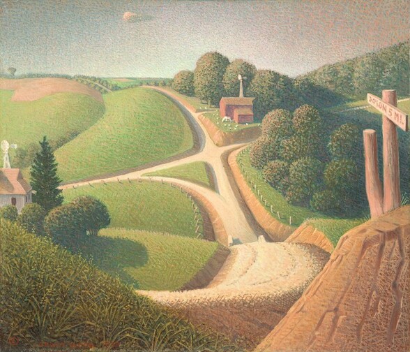 We look down across a stylized landscape of rolling green fields divided into quarters by two sand-colored roads in this square painting. The scene is lit from the upper left, and the horizon almost brushes the top of the composition. Closest to us, in the lower left corner, one road curves into view from behind a green hill and drops steeply down into the valley below. An area of peach and tan in the lower right corner could be the base of a sawed-off tree trunk. There are two wooden posts just beyond it, and a sign affixed to one reads, “SOLON 5 MI.” The road stretches almost straight into the distance, where it is intersected by a second road, running nearly horizontally across the painting. The land rises and falls in gently swelling hills to either side of the roads and deep into the distance. Fields covering those hills are crosshatched with clay-orange brushstrokes strokes over a blend of celery and pea green. To our left, in the valley, the edge of a white farmhouse with a clay-red roof nestles among pine and dark green trees. Another cluster of round trees, like a bunch of pompoms, sits in a field along the road, to our right. Across the bisecting road, also to our right, is a brick-red barn and white windmill standing before more trees. Touches and a few swipes of white suggest a horse and chickens in front of the farmhouse. The road sweeping down past these buildings is dotted with white fence posts. One of the hills rippling into the distance is topped with a tan-colored plot of land. In the top quarter of the composition, the narrow sky is filled with a shimmering blend of short, dense strokes dotted across the canvas, ranging from soft blues on the left to peach and pale pink on the right. The artist signed and dated the work in red paint in the lower left corner, “GRANT WOOD 1939” following the copyright symbol.