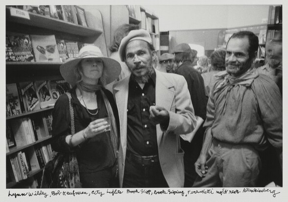 Lynne Wildey, Bob Kaufman, City Lights Book Shop, book signing, Ferlinghetti right rear.