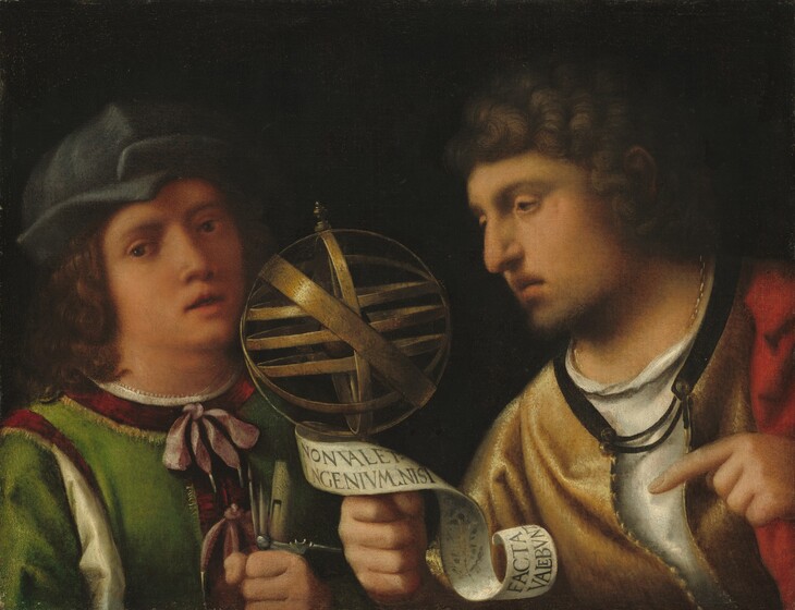 Shown from the chest up against a black background, two men with peachy skin, one holding a brass-colored sphere made up of interlocking bands, fill this horizontal portrait painting. To our left, a boy or young man looks at us with dark eyes and his coral-pink lips are parted. His curly brown hair falls to his shoulders, and he wears a floppy, denim-blue hat. His emerald-green tunic is lined around the neck, shoulders, and down the front with bands of ruby red, and the neck is tied with a pale purple ribbon. A white shirt underneath shows at the neck and down a slit along the shoulder we can see. Along the bottom edge of the composition, the boy grips a paint brush, a quill pen, a flute, and a compass in his left fist. The man to our right leans toward the boy almost in profile. The second man has ash-brown, curly hair and the suggestion of a short beard on his chin. He has hooded eyes, a prominent nose, and his downturned lips are also parted. He wears a honey-yellow tunic over a white undergarment. A swath of scarlet red over his left shoulder, to our right, could be a cloak. In the space between the people, he holds up the armillary sphere, made up of overlapping bands to create an orb, in his right hand, on our left. A long, white scroll curls around the handle of the sphere, the man’s hand, and down near his wrist. The scroll is inscribed, “NON VALET. INGENIVM.NISI FACTA VALEBVNT.” He looks at the sphere and points to it with his other hand.