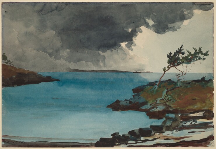 Charcoal-gray clouds fill most of the sky over a turquoise-blue body of water in this horizontal watercolor painting. The gray clouds on the left become more blue as they move to the right. The water is framed by low hills sloping down from both sides, which are painted in cinnamon and dark brown with touches of forest green and topped with a few slender, windblown trees. Several black rocks form a curve along the lower right side of a cove directly in front of us. Loose strokes of brown, tan, and pale blue fill the lower right corner below them. On the horizon, at the center of the composition, is a dark gray finger of land with a tiny steamship drifting by, smoke rising from its two smokestacks. The artist signed and dated the lower left, “Homer 1901.”