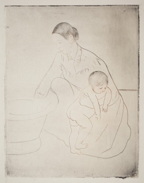 A woman kneels to test the water in a freestanding bathtub with one hand as she braces a nude child against her knee with the other in this vertical print. The people and objects are outlined with brown lines, and both the woman and baby’s hair are incised with delicate black lines. The woman’s hair is pulled back from a high forehead, and she has a straight nose, pursed lips, and a slight double chin. Her long-sleeved, floor-length dress has a narrow collar and is pleated across the chest and at the cuff we can see. The baby turns toward the woman’s body and hangs their arms over her bracing hand. The baby has short, wispy, black hair with delicate facial features, a rotund belly, and satisfyingly pudgy rolls on the legs. There are some smudges across the paper, especially at the edges.