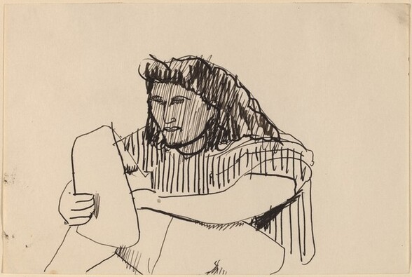 Seated Woman in Striped Shirt Holding Pad of Paper