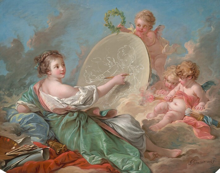 A young woman draws on an oval surface with white chalk while three winged, baby-like putti gather nearby, all on a bank of pale pink clouds in this horizontal painting. The woman and putti have pale, rosy skin, flushed cheeks, and hazel-brown eyes. To our left, the woman reclines with her upper body propped up on her far elbow, which rests on a steel-blue cushion as her legs stretch out to our right. Her light brown hair is braided and wrapped across the top of her head. She wears a loose, seafoam-green robe over a billowing ivory-white garment that has slipped off the shoulder closer to us. A round paint palette with brushes sticking out of its thumb hole and a roll of blue and white paper sit in the lower left corner, behind the woman. The woman and the objects are on a red cloth.  In front of the woman is a rounded surface, perhaps a canvas, on which she draws. She holds up a gold-colored stylus with her right hand, closer to us, with a pointed piece of white chalk in one end and black chalk in the other. The canvas is taller than her head, so the child-like putto she draws on it is life-sized. The three nude putti on the far side of the canvas have copper or golden-blond, curly hair, flushed, rounded cheeks, short wings in white or peacock blue, pudgy torsos, and dimpled limbs. One putto, presumably the one the woman draws, sits back on the bank of clouds with a carnation-pink sash across his chest. He pulls his chin back and looks at her from under his eyebrows. He holds a gold-colored torch with a pink flame in one hand, and the other hand rests near a cylindrical quiver of arrows. Another putto peeks around the side of the canvas, and the third stands and props the canvas up. That third putto holds up a wreath of laurel leaves up over the canvas, above the woman’s drawing hand. The bank of clouds is parchment-brown with muted pink and blue highlights against a vivid blue sky. The artist signed and dated the lower right, “F Boucher – 1765.”