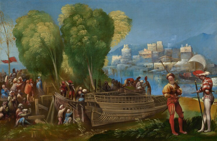 On the right side of this horizontal painting, two light-skinned men stand close to us on a spit of land separated from the rest of the scene by stretch of water that leads back to a town on the far shore. People gather on and around two boats floating in the water between the spit of land to our right and a copse of trees to our left. Beginning with the pair of men to our right: one man looking toward us has a broad forehead and grizzled blond beard. He wears a brick-red and canary-yellow turban, a yellow and crimson-red striped doublet with puffy sleeves, and a red codpiece. His scarlet-red hose have decorative slashes down the thigh to show yellow fabric underneath. He holds one long sword in his left hand, to our right, so the blade rests on that shoulder, and another sword hangs in a scabbard on his waist. Facing him, to our right, is the second man. He has a dark beard and a broad red hat trimmed with white feathers. He wears a doublet with wide red and white horizontal stripes and a white codpiece. His close-fitting white hose have thin, dark lines running from his waist to his feet, like pinstripes. He rests the back of his left hand, closer to us, on his hip. The tip of a long sword rests between his feet, and his far hand holds the hilt, which is as tall as his shoulder. Both men wear slipper-like shoes. Beyond this pair, near the center of the composition, a dozen men work on the wooden ships in the waterway. The trees to our left have feathery canopies of dense green foliage highlighted with butter yellow. A red pennant flutters in the wind near the left edge of the painting. About two dozen men, women, and children sit and stand closely under the trees. They wear capes, robes, turbans, and headdresses in aquamarine blue, marigold orange, burgundy red, cream white, and laurel green. Several of them are turned toward a woman dressed in blue holding an infant. Along the far shoreline, to our right, a city with tan-colored, stone towers glows under a soft topaz-blue sky, mirrored in the luminous blue water, as a ship with a billowing white sail passes by. On the distant horizon, high mountain peaks are faintly visible through a steel-blue haze.