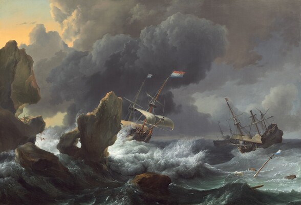 Beyond several craggy boulders that loom in the lower left corner of this horizontal painting, three sailing ships pitch wildly in crashing waves beneath towering clouds. At the center, a large ship tips sharply to our right with billowing ivory sails and two red, white, and blue striped flags whipping in the wind. White spray kicks up against the side of the boat and in the waves surrounding it. The sails of the second ship, to our right, are furled except for one that crashes down onto the deck. Tiny people scurry around inside the ship, which tilts wildly up on a high wave. The third ship floats beyond this, its sails also tied up. The top of a tall wooden mast along with a broken wooden pole poke up from emerald-green waves in the lower right corner, near a barrel and two bundles wrapped in cloth and tied with rope that bob nearby. One of the brown, jagged rocks to our left nearly spans the height of the painting while others jut from the water like crooked teeth. A bank of billowing, slate-gray clouds at the center of the sky separates a fog-gray sky and puffy clouds to our right from a patch of golden sunlight to our left, in the upper corner of the canvas. The artist signed and dated the work as if written on a rock at the bottom center of the canvas, “LBackh 1667.”