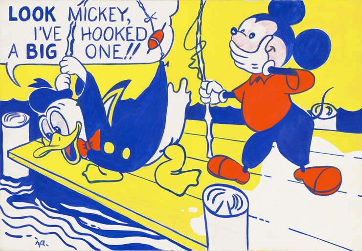 The Disney cartoon characters, Donald Duck and Mickey Mouse, fish off a dock in this horizontal painting. The scene and characters are painted entirely flat areas of canary yellow, cobalt blue, tomato red, and white. To our left, Donald leans over the edge of the dock with his feet spread and duckbill hanging open. He has a white body outlined in blue, big eyes filled with a pattern of tiny blue dots, and yellow feet and duckbill. He wears a blue sailor’s hat and jacket with a red bow tie and yellow circles indicating buttons. He holds a fishing pole with an oval, red bobber near the fishhook high over his head. The pole has bent back with the fishhook snagged on the back hem of Donald’s jacket. A white speech bubble over Donald’s head is outlined in blue, and blue text inside reads, “LOOK MICKEY, I’VE HOOKED A BIG ONE!!” Mickey stands to our right, covering his smiling mouth with his left hand, on our right, and holding an upright fishing pole with the other hand. His round face is filled with a pattern of tiny red dots, and his curving hairline and ears are blue. He wears blue pants, a red shirt and shoes, and white gloves. The dock is mostly yellow with a white area on the right. Its planks and three white, round posts supporting it are outlined in blue. Rippling water surrounding the dock is defined by wavy lines and undulating bands of blue against a yellow background. The artist signed his initials in the lower left, “rfl.”