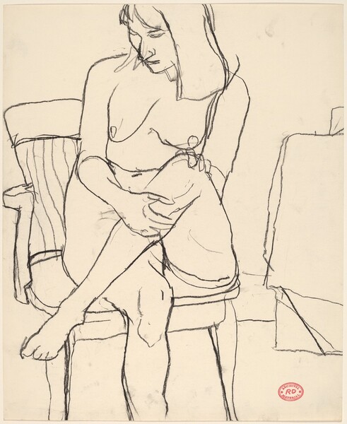 Untitled [female nude seated in armchair with legs crossed]