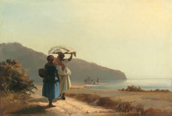Two dark-skinned women stand facing each other on a dirt path that runs beside a body of water in this horizontal painting. One woman faces us and balances a flat tray loaded with white cloths on her head. Her left hand, on our right, holds the tray steady. The apron or loose, long skirt of her off-white dress is bunched up around her hips, but the fabric still falls to her ankles. A dark green, red, and brown scarf covering her head is tied in a knot by one ear, and the ends fall in front of that shoulder. The other woman stands in front of the first, to our left with her back to us. She wears an aquamarine-blue dress and garnet-red scarf tied around her head. A brown basket hangs from her left arm. The path angles from the lower right corner and cuts into the distance to our left. It is lined with brown and green bushes and grasses. An expanse of dirt to our right reaches to the shoreline, which curves like a C into the distance. Dabs of brown and dark pink suggest several more people standing or stooping in the surf in the distance. Shallowly sloping rust-brown hill cut into the water, spanning left two-thirds of the width of the composition along the horizon. The sky in the top half of the composition is a clear, milky white. The artist signed and dated the lower left corner, “C.Pizarro. Paris 1856.”