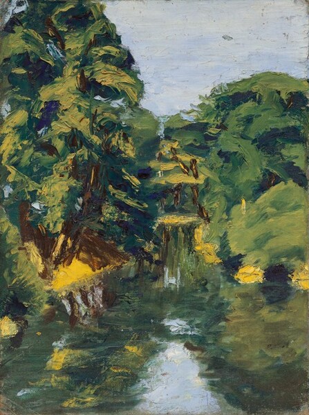 We look across a river reflecting moss-green and lemon-yellow trees beneath an ice-blue sky in this loosely painted vertical landscape. The water spans the bottom third of the composition, and the riverbanks come together in a wide, upside-down V where it meets the tall trees. To our left, that tree and the reflection of it fills nearly the left half of the picture, and it extends off the top and left edges. Lower trees to the right come about three-quarters of the way up the painting. The top right corner is filled with blended strokes of ivory white and pale blue for the sky.