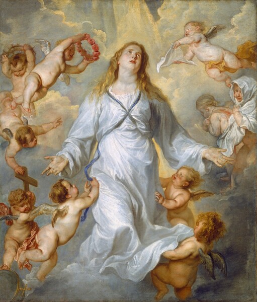 Golden yellow light pours onto a bank of clouds behind a young woman with ivory-colored skin and long, blond hair, wearing a flowing pale blue robe, who floats at the center of a ring of ten mostly nude, baby-like winged angels in this vertical painting. Her body faces us and her knees seem to be bent so her feet are lost in the clouds. She holds both hands out by her sides, palms facing out. Her head is tipped slightly back and to our right and she looks up with light brown eyes, her pink lips parted. Her golden hair falls loosely in waves to her shoulders. Her long-sleeved, voluminous garment is tied with a navy-blue ribbon that crosses her chest between her breasts and is presumably tied across her back. The ten angels have peachy, pale skin with small, golden or silver wings at their shoulder blades. Five angels hover around the to each side. To our left, one angel plays with the end of her blue ribbon while below, another holds a wooden cross. The angel holding the cross rests one foot on an iron-gray ball encircled with a gold band and ornamented with a gold cross. Another angel touches the top of the wooden cross and gestures towards the woman. Near her shoulder, one angel holds a crown of thorns above its head while another raises a ring of pink roses as if to place on the woman’s head. To our right, near the woman’s head, an angel holds a piece of cloth like a handkerchief towards her face while one below holds a larger drapery around its head like a hooded cloak as it looks out at us and smiles. The bottom-most angels hold her fluttering dress and look up at her face. A streak of warm light pours down from the top center, casting yellow light on the tops of the powder-blue clouds.
