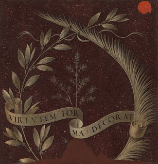 A laurel branch to the left and a palm branch to the right, both in muted green tones, curve toward each other, crossing near the top to frame a sprig of spiky juniper in this square painting. A scroll with the Latin words “VIRTVUTEM FORMA DECORAT” weaves around and across the circle made by the branches near the bottom of the composition. The laurel has slightly serrated, oblong leaves that come to a point at either end. The palm has closely packed, narrow leaves that flare out like a feather to our right. The laurel, palm, and delicate twig of juniper are cut off near the bottom edge, where there is an area of flat brown that rises like a mound at the middle and tapers to each side. The rest of the background is dark brown speckled with rose pink, and a crimson-red, round seal is pressed into the top right corner.