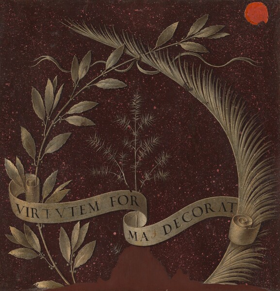 A laurel branch to the left and a palm branch to the right, both in muted green tones, curve toward each other, crossing near the top to frame a sprig of spiky juniper in this square painting. A scroll with the Latin words “VIRTVUTEM FORMA DECORAT” weaves around and across the circle made by the branches near the bottom of the composition. The laurel has slightly serrated, oblong leaves that come to a point at either end. The palm has closely packed, narrow leaves that flare out like a feather to our right. The laurel, palm, and delicate twig of juniper are cut off near the bottom edge, where there is an area of flat brown that rises like a mound at the middle and tapers to each side. The rest of the background is dark brown speckled with rose pink, and a crimson-red, round seal is pressed into the top right corner.