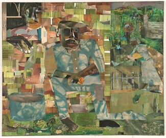 Made with mostly square or rectangular pieces of patterned paper in shades of asparagus and moss green, sky blue, tan, and ashy brown, a man with brown skin sits in the center of this horizontal composition with a second person over his shoulder, in the upper left corner of this collage. The man’s facial features are a composite of cut-outs, mostly in shades of brown and gray, as if from black-and white photographs, and he smokes a cigarette. He sits with his body angled slightly to our right and he looks off in that direction, elbows resting on thighs and wrists crossed. His button-down shirt and pants, similarly collaged, are mottled with sky blue and white. One foot, on our right, is created with a cartoonish, shoe-shaped, black silhouette. The paper used for the other foot seems to have been scraped and scratched, creating the impression that that foot is bare. A tub, made of the same blue and white paper of the man’s suit, sits on the ground to our left, in the lower corner. The man sits in front of an expanse made up of green and brown pieces of paper patterned with wood grain, which could be a cabin. In a window in the upper left, a woman’s face, her features similarly collaged, looks out at us. One dark hand, large in relation to the people, rests on the sill with the fingers extended down the side of the house. The right third of the composition is filled collaged scraps of paper patterned to resemble leafy trees. Closer inspection reveals the form of a woman, smaller in scale than the other two, standing in that zone, facing our left in profile near a gray picket fence. She has a brown face, her hair wrapped in a patterned covering, and she holds a watermelon-sized, yellow fruit with brown stripes. Several blue birds and a red-winged blackbird fly and stand nearby. Above the woman and near the top of the composition, a train puffs along the top of what we read as the tops of trees. The artist signed the work in black letters in the upper right corner: “romare bearden.”