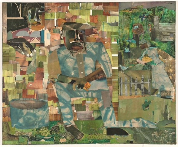 Made with mostly square or rectangular pieces of patterned paper in shades of asparagus and moss green, sky blue, tan, and ashy brown, a man with brown skin sits in the center of this horizontal composition with a second person over his shoulder, in the upper left corner of this collage. The man’s facial features are a composite of cut-outs, mostly in shades of brown and gray, as if from black-and white photographs, and he smokes a cigarette. He sits with his body angled slightly to our right and he looks off in that direction, elbows resting on thighs and wrists crossed. His button-down shirt and pants, similarly collaged, are mottled with sky blue and white. One foot, on our right, is created with a cartoonish, shoe-shaped, black silhouette. The paper used for the other foot seems to have been scraped and scratched, creating the impression that that foot is bare. A tub, made of the same blue and white paper of the man’s suit, sits on the ground to our left, in the lower corner. The man sits in front of an expanse made up of green and brown pieces of paper patterned with wood grain, which could be a cabin. In a window in the upper left, a woman’s face, her features similarly collaged, looks out at us. One dark hand, large in relation to the people, rests on the sill with the fingers extended down the side of the house. The right third of the composition is filled collaged scraps of paper patterned to resemble leafy trees. Closer inspection reveals the form of a woman, smaller in scale than the other two, standing in that zone, facing our left in profile near a gray picket fence. She has a brown face, her hair wrapped in a patterned covering, and she holds a watermelon-sized, yellow fruit with brown stripes. Several blue birds and a red-winged blackbird fly and stand nearby. Above the woman and near the top of the composition, a train puffs along the top of what we read as the tops of trees. The artist signed the work in black letters in the upper right corner: “romare bearden.”