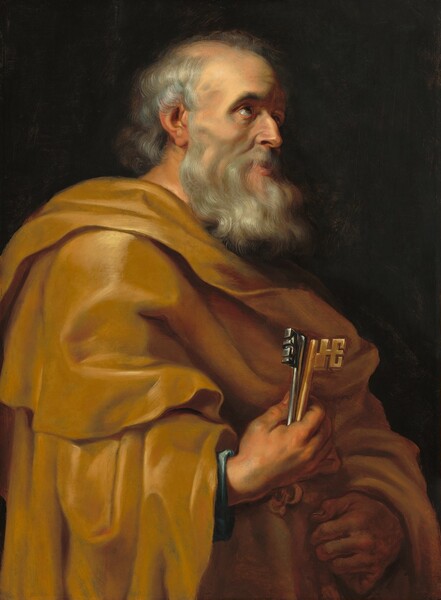 Seen from the waist up, an elderly man with fair, peachy skin, thinning, wavy gray hair, and a long, silvery gray beard stands facing our right, almost filling this vertical portrait painting. He wears a butterscotch-gold robe and clutches two large keys in his right hand while his other fist rests at his waist. One key is iron-grey and the other is copper. The man’s high forehead slopes down to thick black brows arching over deep-set, hazel eyes that gaze upward. He has a long nose, pale pink mouth, and hollows under his high cheekbones. He is brightly lit from the upper left against an inky, dark background. The strong light creates shadows in the folds of his garment and on his craggy features.