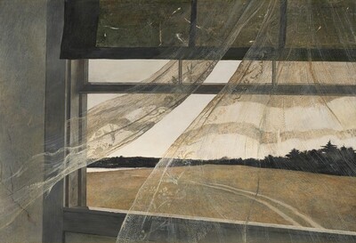 A landscape seen through sheer lace curtains that billow in toward us from an open window nearly fills this horizontal painting. The window is angled slightly downward as it extends off the right side of the composition, so it does not line up with the edges of the rectangular painting. The narrow strip of dove-gray wall to the left of the window casement is cracked near the simple, deep gray molding that surrounds the window. Slivers of light peek through rips in the dark shade that covers upper third of the window. The right curtain panel surges toward us as the left panel flutters lightly off to our side. The inner edges are trimmed with subtle lace birds and flowers. The window looks down onto an expanse of olive-green grass and dark green trees line the far edge of the field. Tire tracks cross the field from near the lower left corner of the painting to our left, and into the distance to meet a sliver of white, perhaps a body of water.