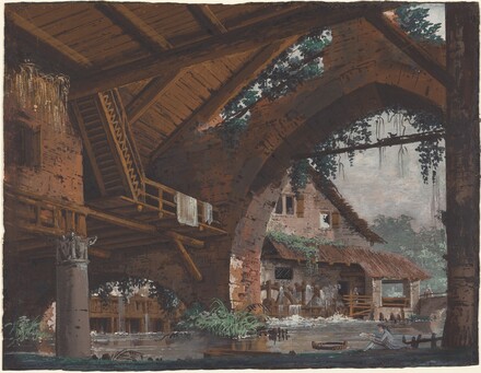 Architectural Fantasy Of Antique Ruins With A Watermill