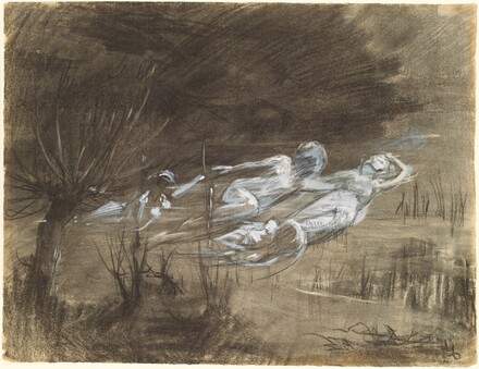 Woman Floating In A River Attended By Two Female Spirits