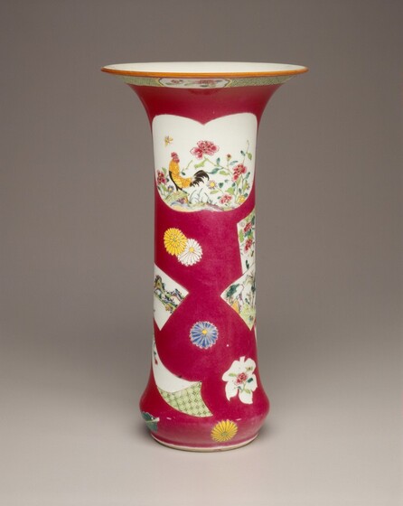 Red Floral Motif Cylindrical Porcelain Vase Table Lamp 15"